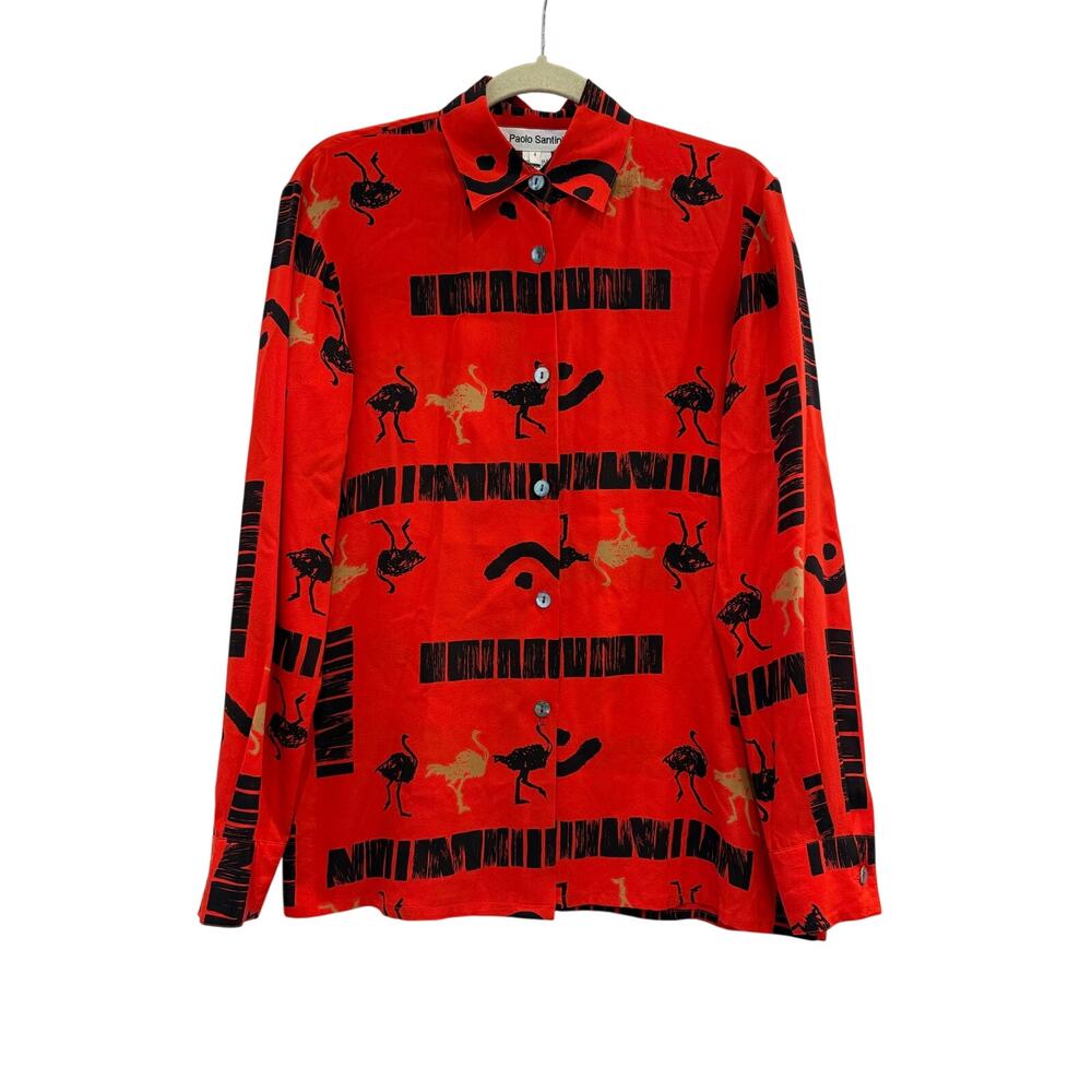 Paolo Santini Vintage Retro Red Black Silk Emu Button Down Top Sz 4